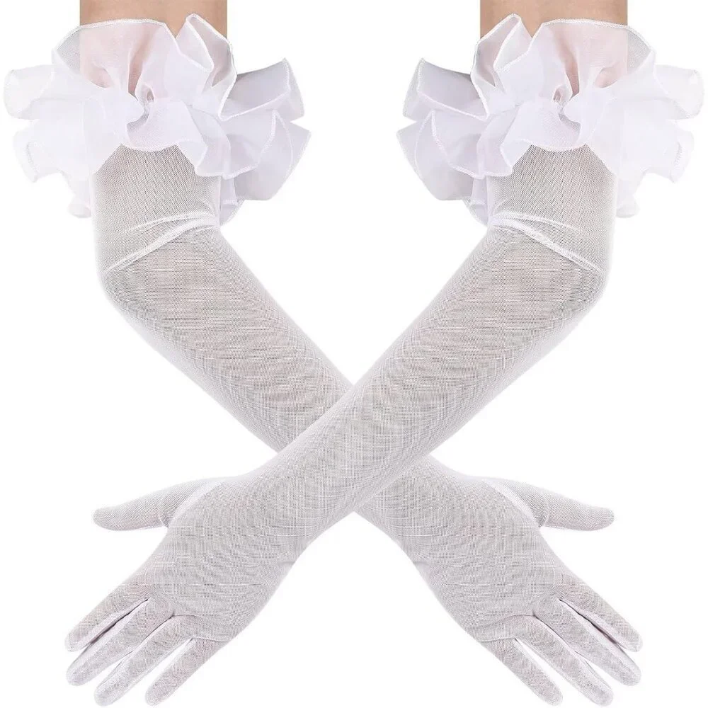 Women's Long White Ruffle Puff Cuff Sleeve Mesh Gloves Wedding Party Costume